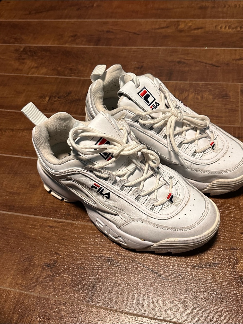 Fila White Leather Chunky Trainers with Red & Navy Logo Accents